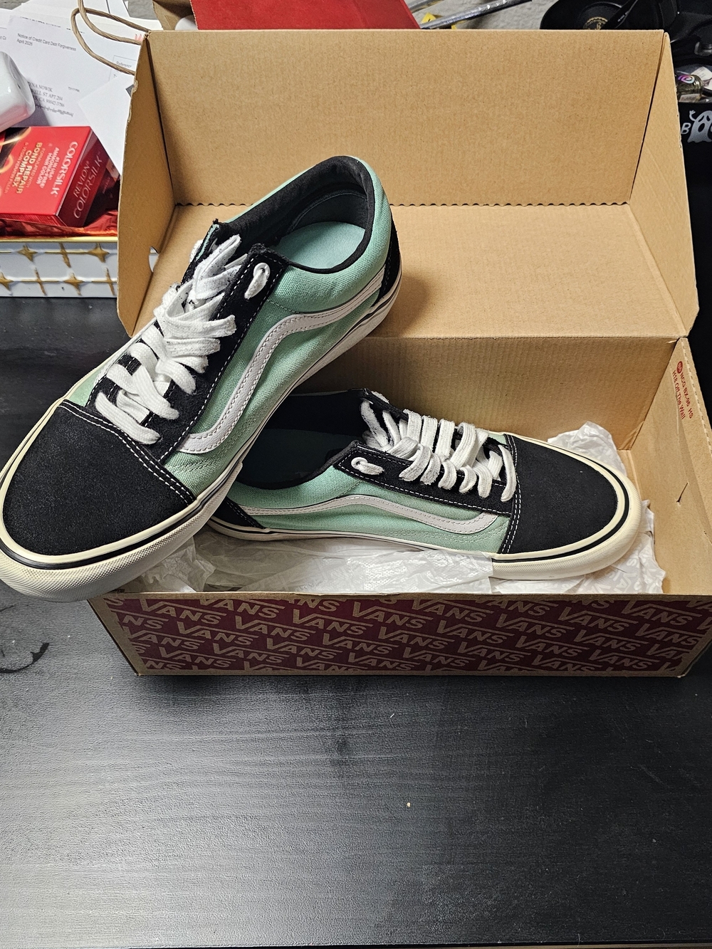 Vans Old Skool Black and Mint Green Low Top Skate Shoes